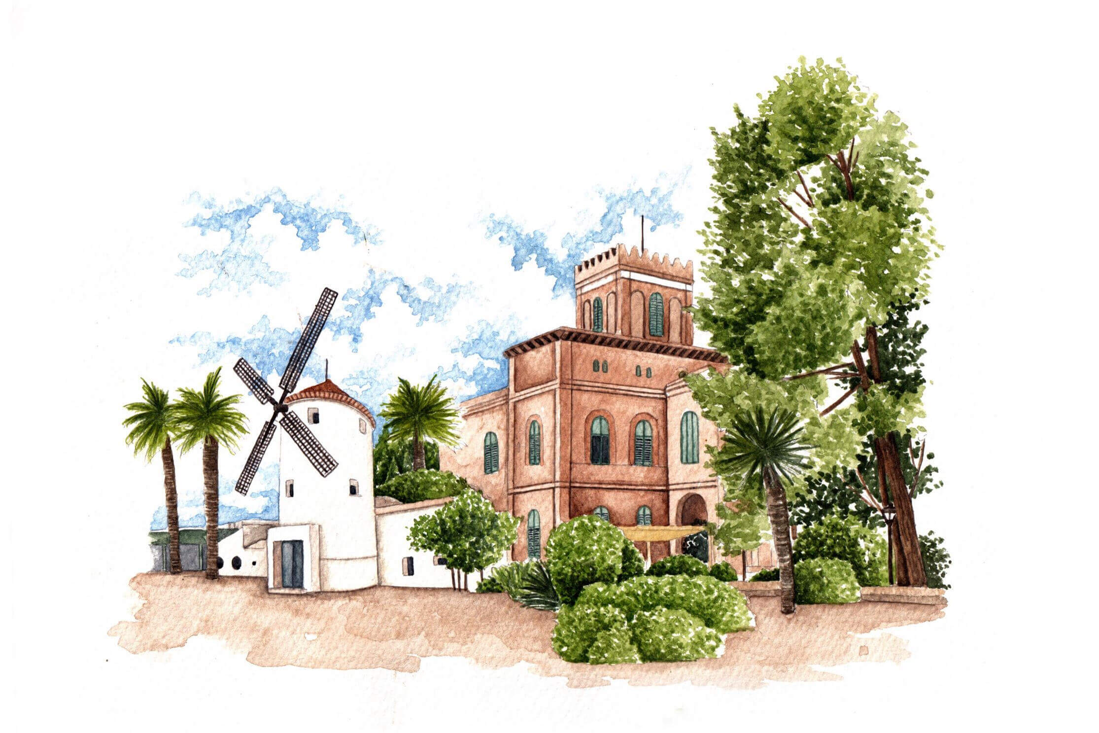 Ilustración en acuarela de Finca La Fredad